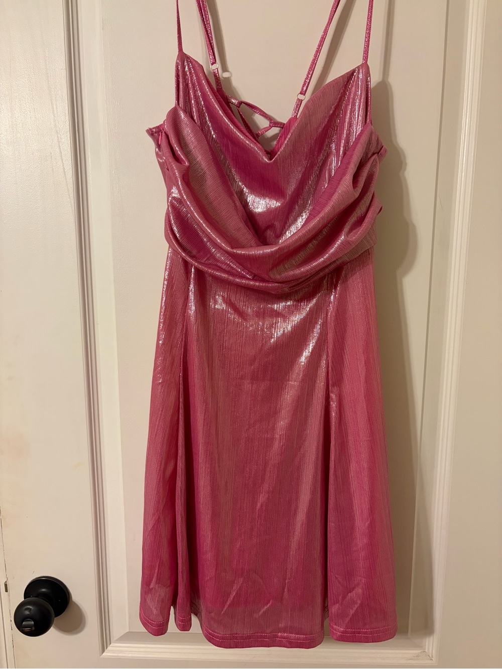 SHEIN Shimmery Pink Cowl Neck Spaghetti Strap Mini Dress